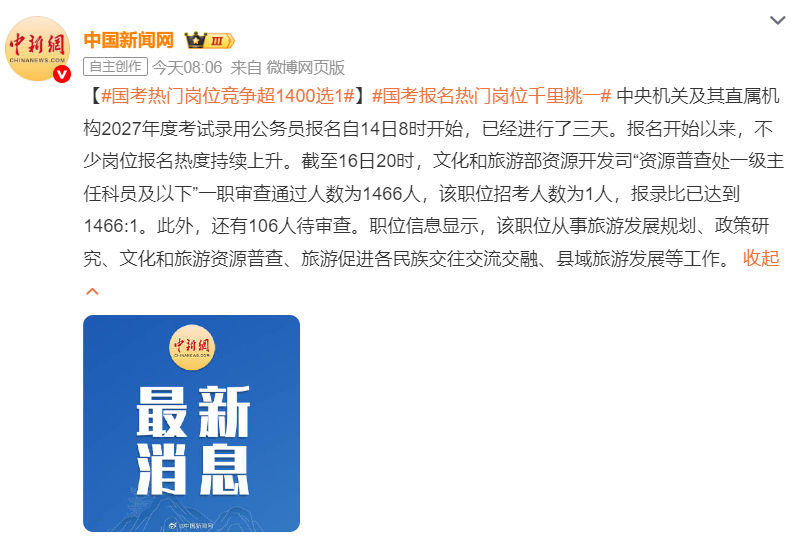 国考热门岗位竞争超1400选1