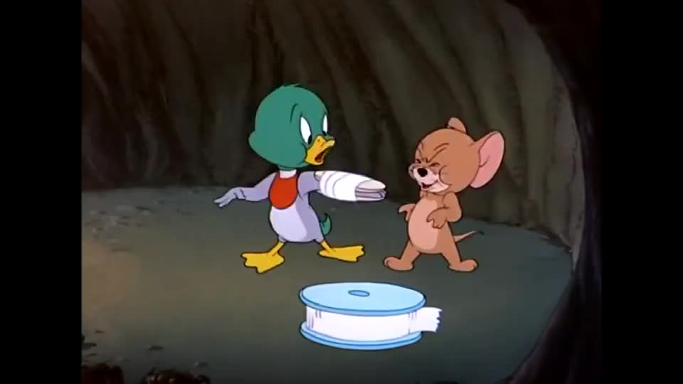 猫和老鼠杰瑞给小鸟的翅膀进行包扎,小鸟夸它是个好医生