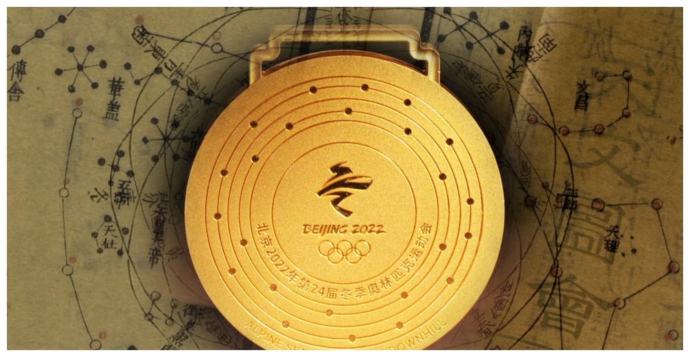 取意古代天文图刻有24个点及运动弧线奖牌背面圆环上且与2008年奥运会