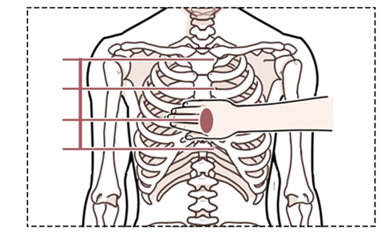 第二步,确认按压位置 一般取两ru头连线中点 也就是胸骨中下1/3处