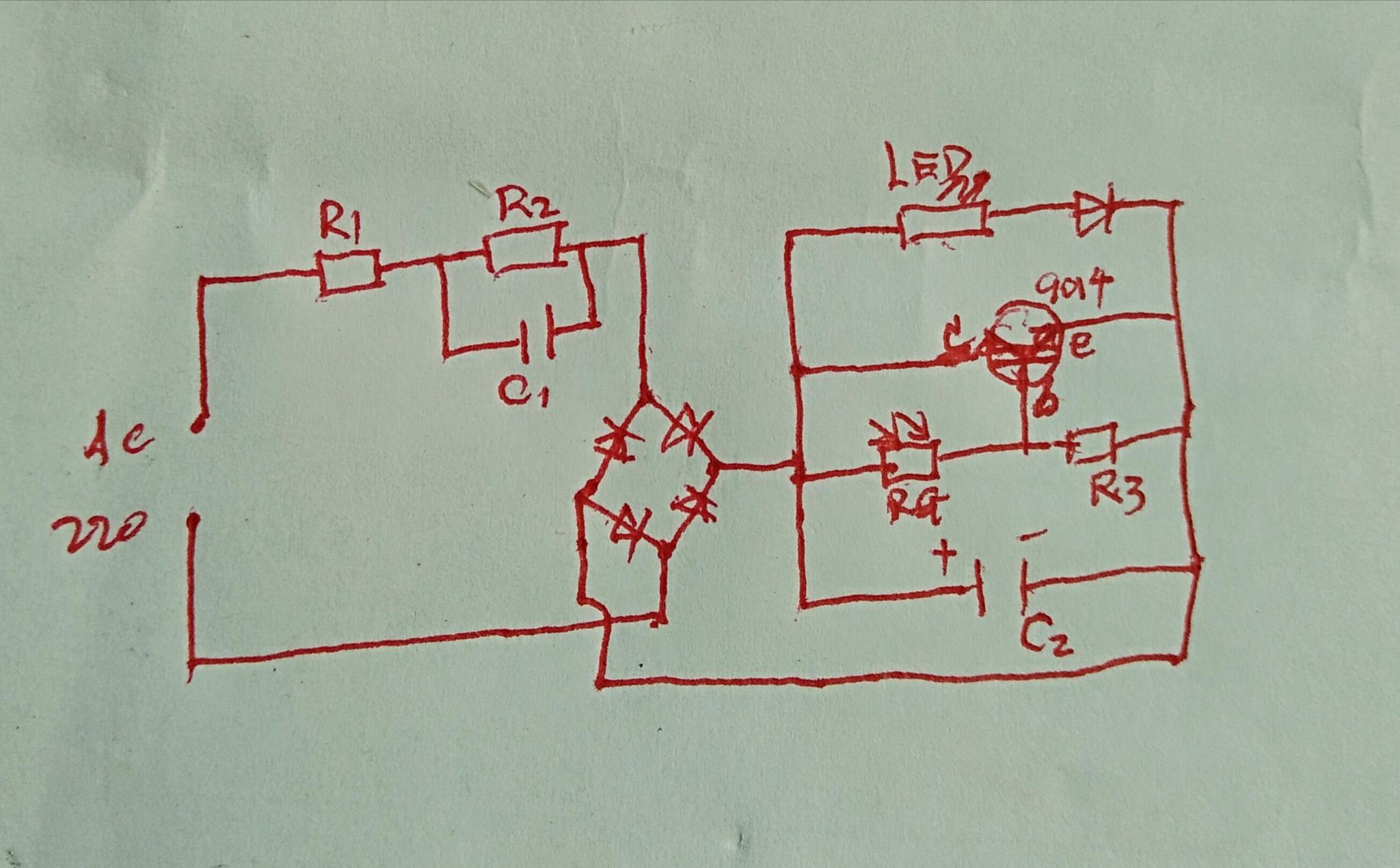 先上张电路图.分两部分:左侧是阻容降压和整流,右侧是光控电路.