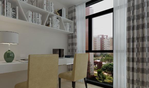 简洁的现代风格两房装修设计很时尚，半边阳台小书房真心实用！