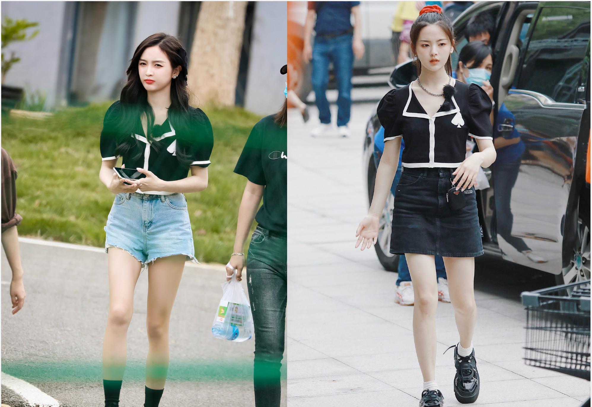 昔日队友撞衫泡泡袖上衣,吴宣仪优雅秀美腿,杨超越却甜美范十足