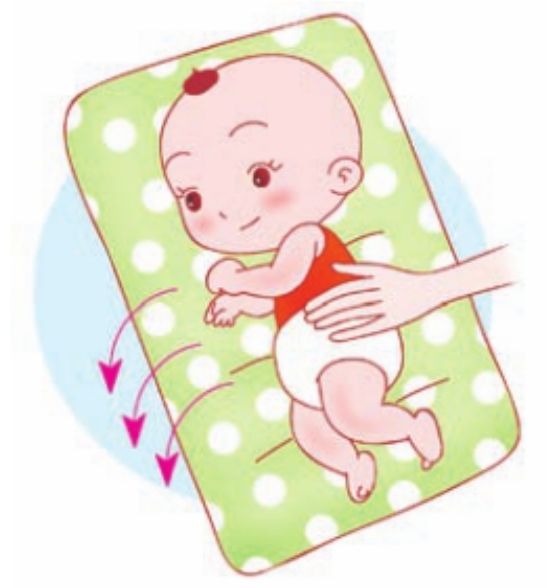 转体,翻身准备姿势:宝宝仰卧.妈妈轻轻将宝宝从仰卧位转为左侧卧位.