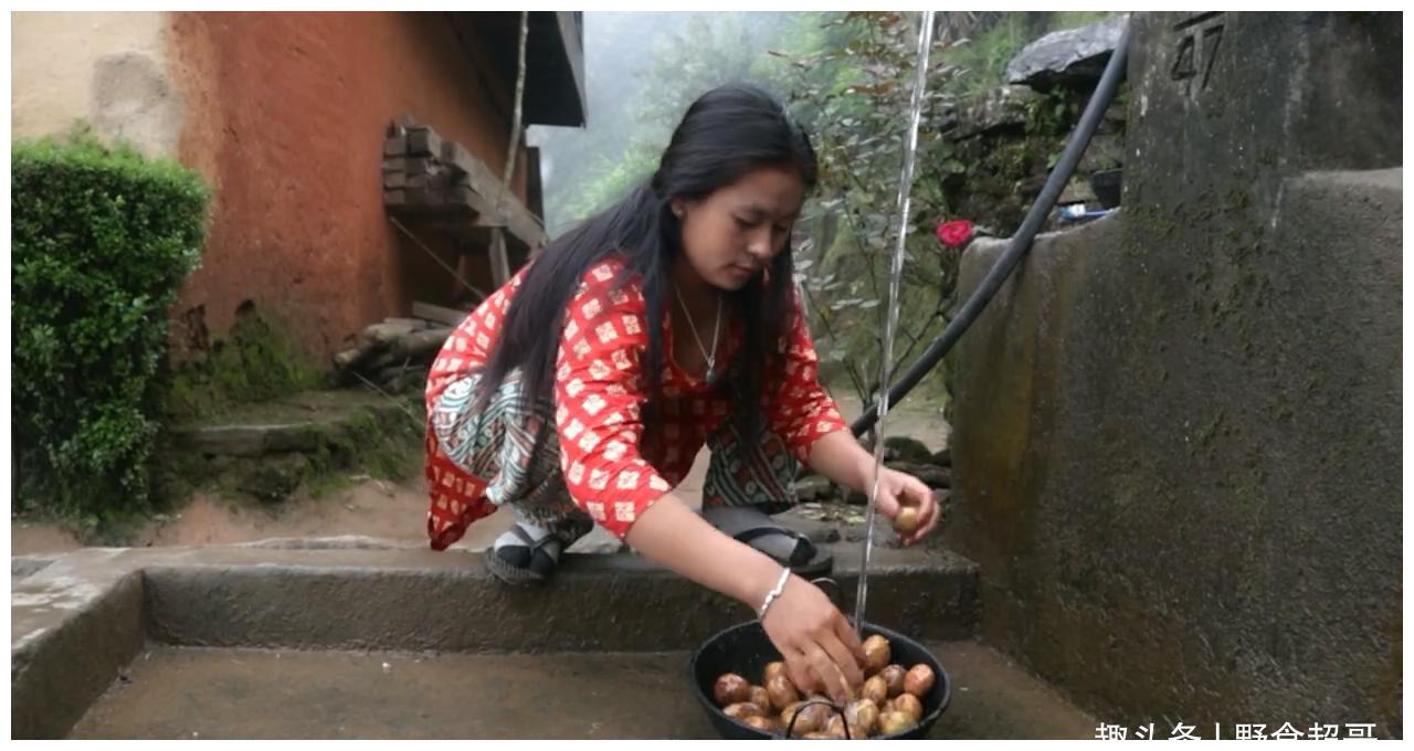 尼泊尔山区村长家土豆发芽了煮熟照吃高粱面糊配土豆汤美味