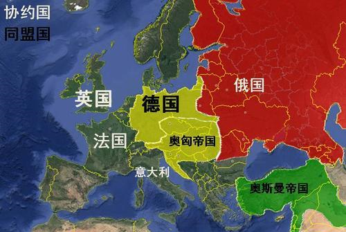 由此,第一次世界大战中两大军事联盟"同盟国"和"协约国"就这么成立了