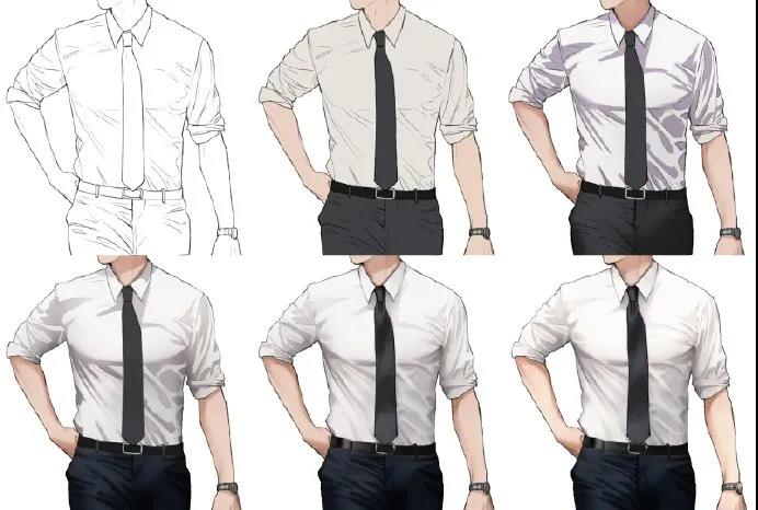 绘画素材制服控福音一组男士衬衣材质绘制参考