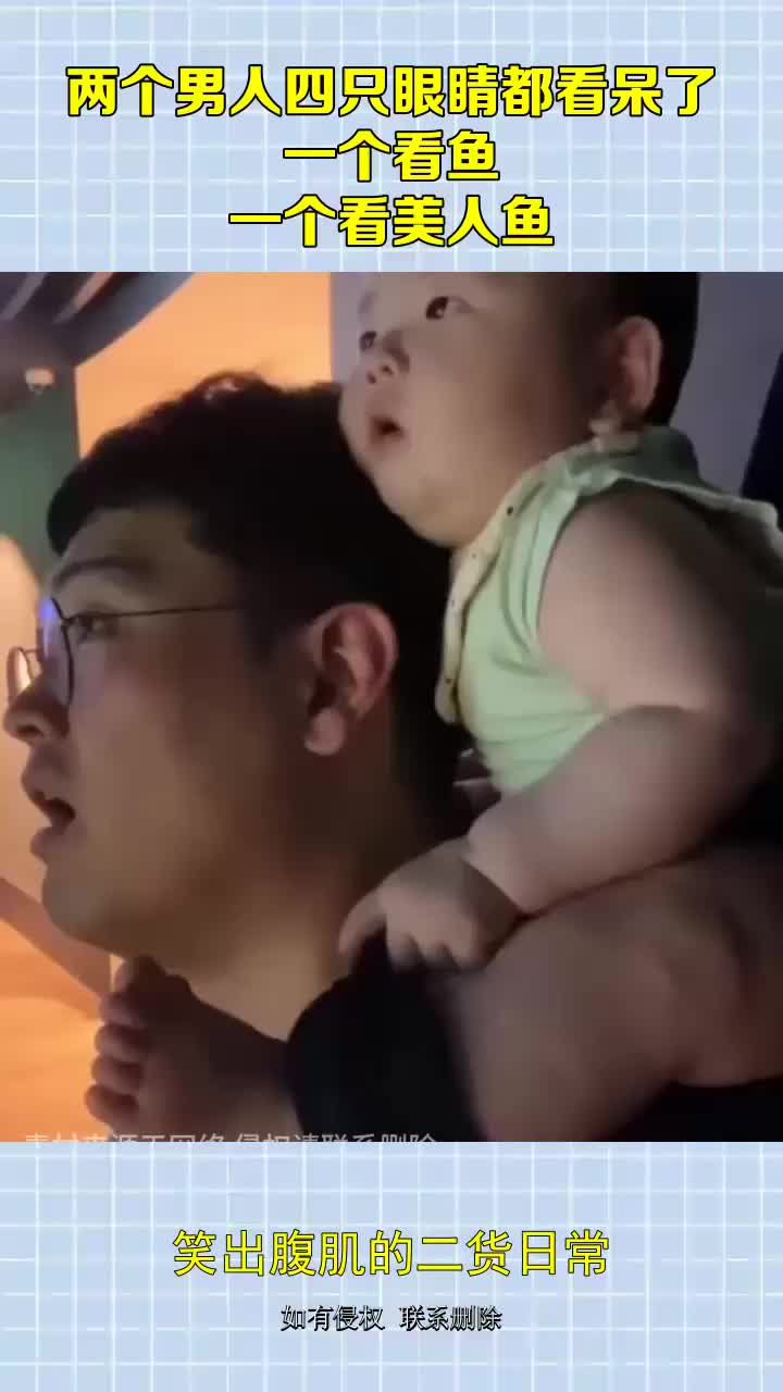 两个男人四只眼睛都看呆了，一个看鱼，一个看美人鱼！