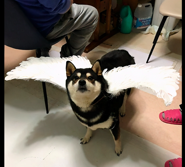 柴犬身上装了一对翅膀，它模样超自信：维密舞台应有我的一席之地