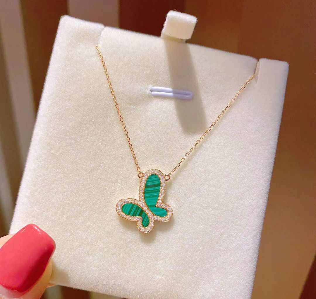满钻嵌镶孔雀石 钻石15分 18k钻石蝶蝴项链