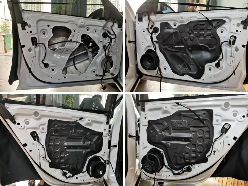 拆开车门后,我们可以看到,原车门板上面只有一层很薄的黑色塑料膜