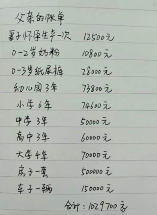 一个父亲晒养娃账单网友生2胎的要么有钱要么心大