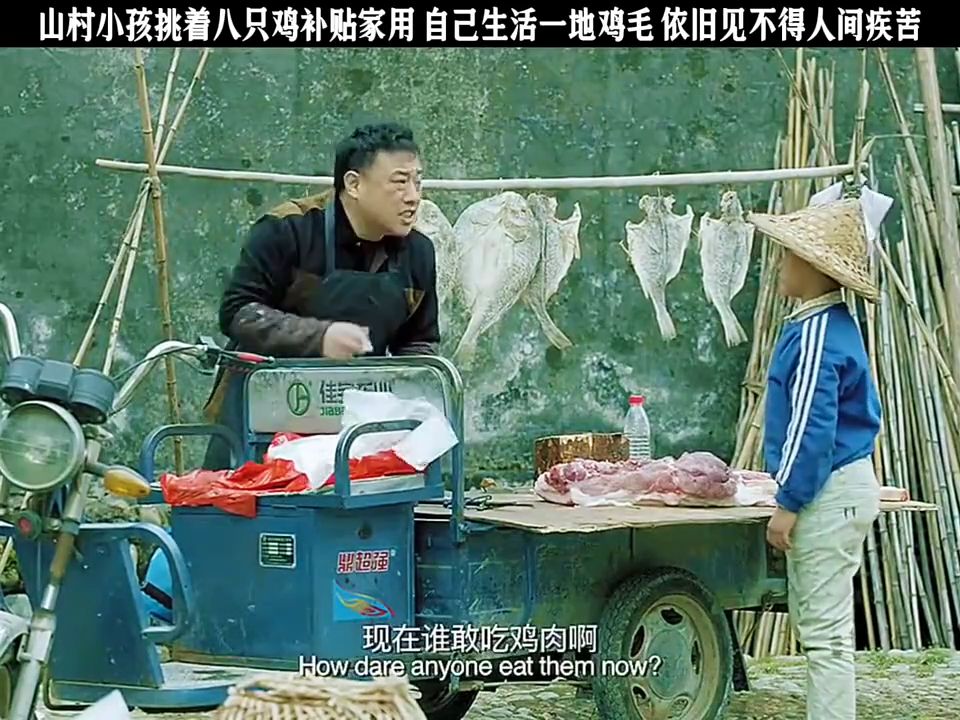 山村小孩挑着八只鸡补贴家用，自己生活一地鸡毛