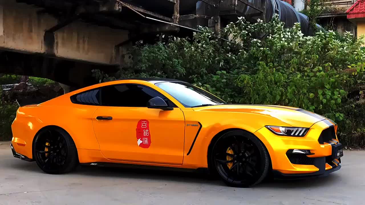 这是一匹金色的福特野马跑车!