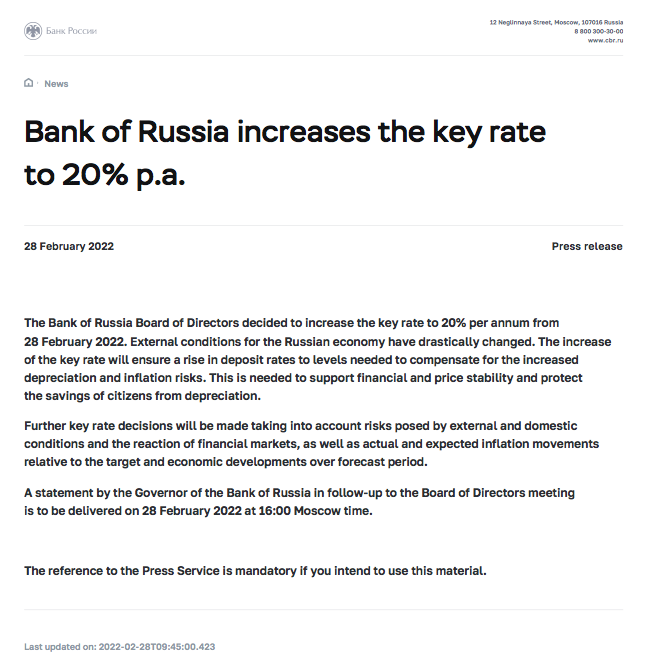 俄乌局势又有新进展!俄罗斯央行加息至20%!恢复黄金交易!休闲区蓝鸢梦想 - Www.slyday.coM 俄乌局势又有新进展!俄罗斯央行加息至20%!恢复黄金交易!休闲区蓝鸢梦想 - Www.slyday.coM
