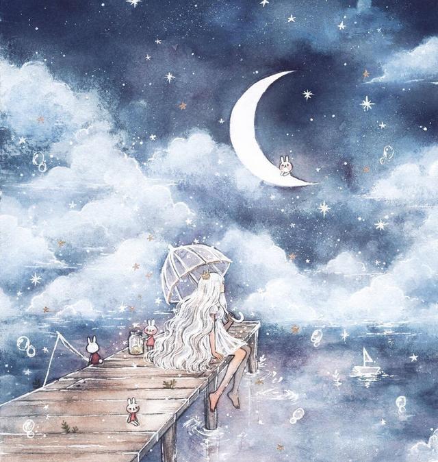 美丽的插图温柔的星星女孩明月装饰你的窗户
