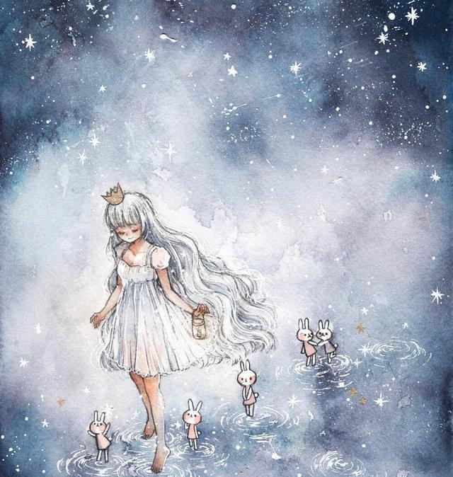 美丽的插图温柔的星星女孩明月装饰你的窗户