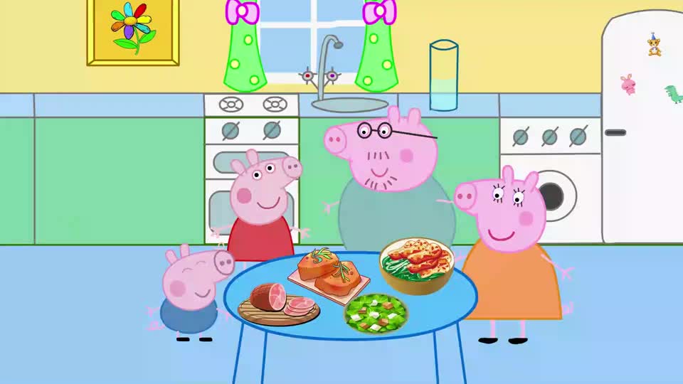 佩奇开飞机回家很开心家里爸爸妈妈和弟弟都在等他