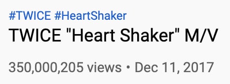 TWICE的《Heart Shaker》成为他们第7支达到3.5亿浏览量的MV