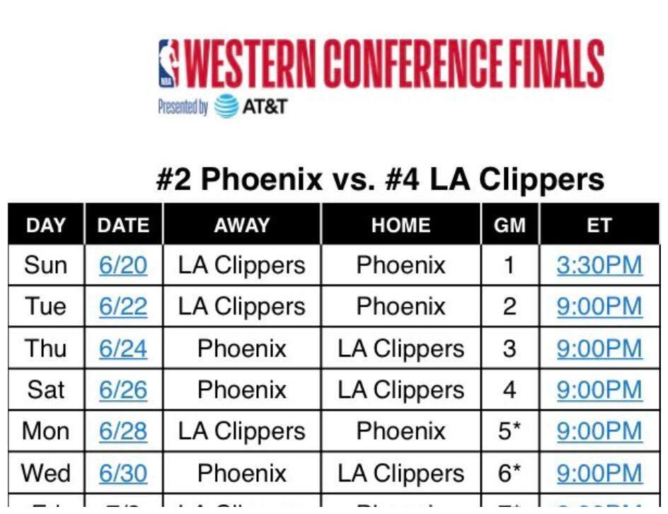 nba公布西决赛程21日3点30快船太阳开战