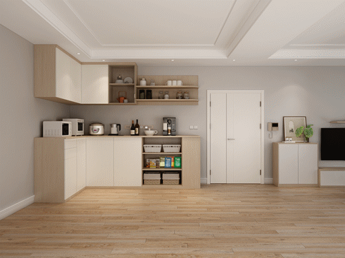 一般餐边柜由吊柜,矮柜,高柜组成,根据餐厅的空间大