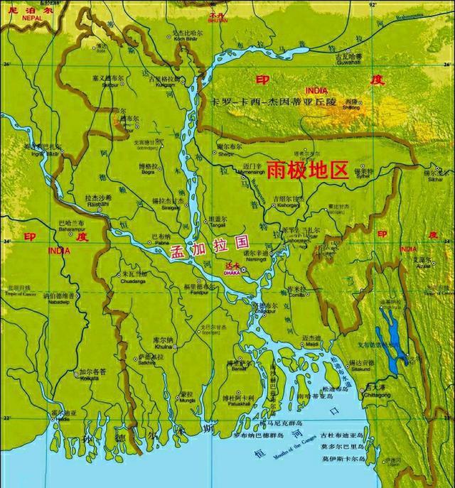 孟加拉国位于南亚次大陆东北部的恒河三角洲上,东,西,北与印度毗邻