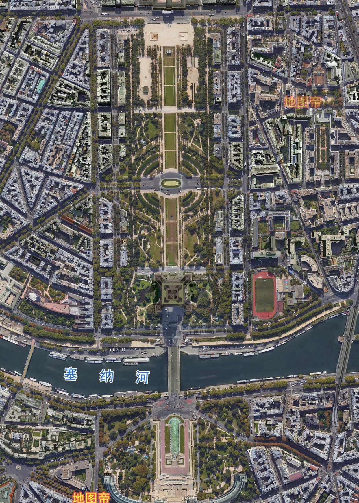 航拍法国巴黎,塞纳河流过,遍地足球场