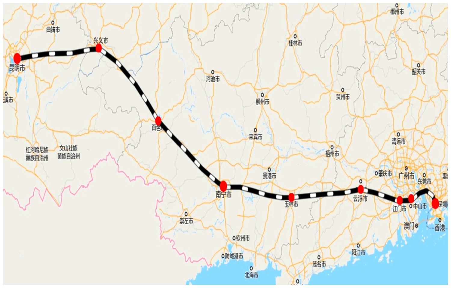 昆深高速铁路起点位于渝昆高铁的昆明长水机场站,途经兴义,百色,南宁