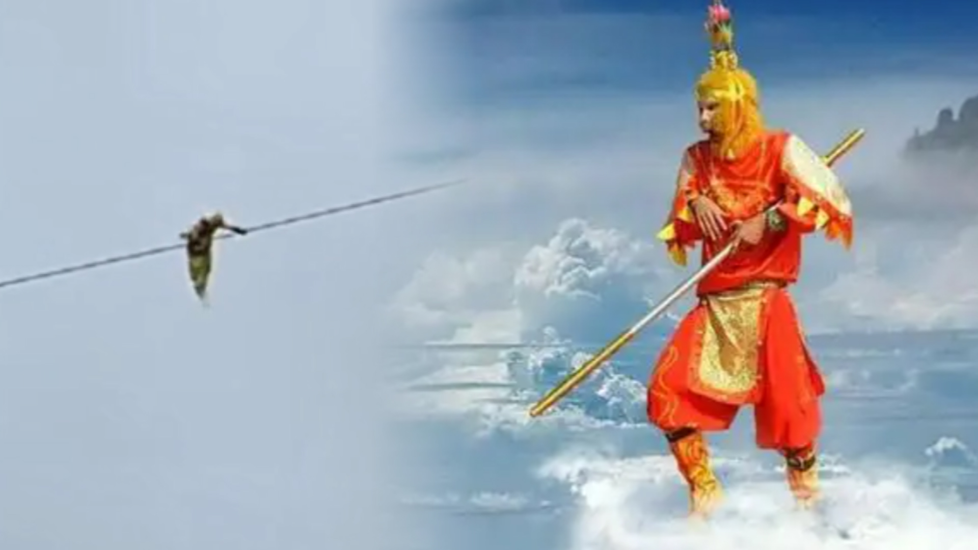 广西一景区现孙悟空高空翻筋斗云钢丝上转圈好危险看着就害怕