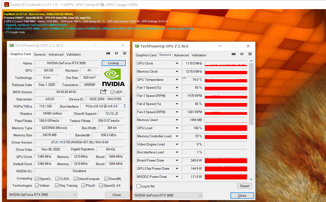 gpu面积不小,但是温度还是可以控制下来的,tuf rtx3090的散热效能可圈