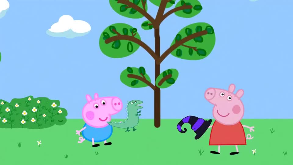 佩奇的帽子被风吹到了树顶上谁能帮她拿回帽子呢