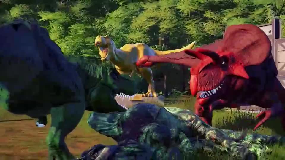 侏罗纪世界:双角龙对战霸王龙,一个黑眼一个白眼,神奇