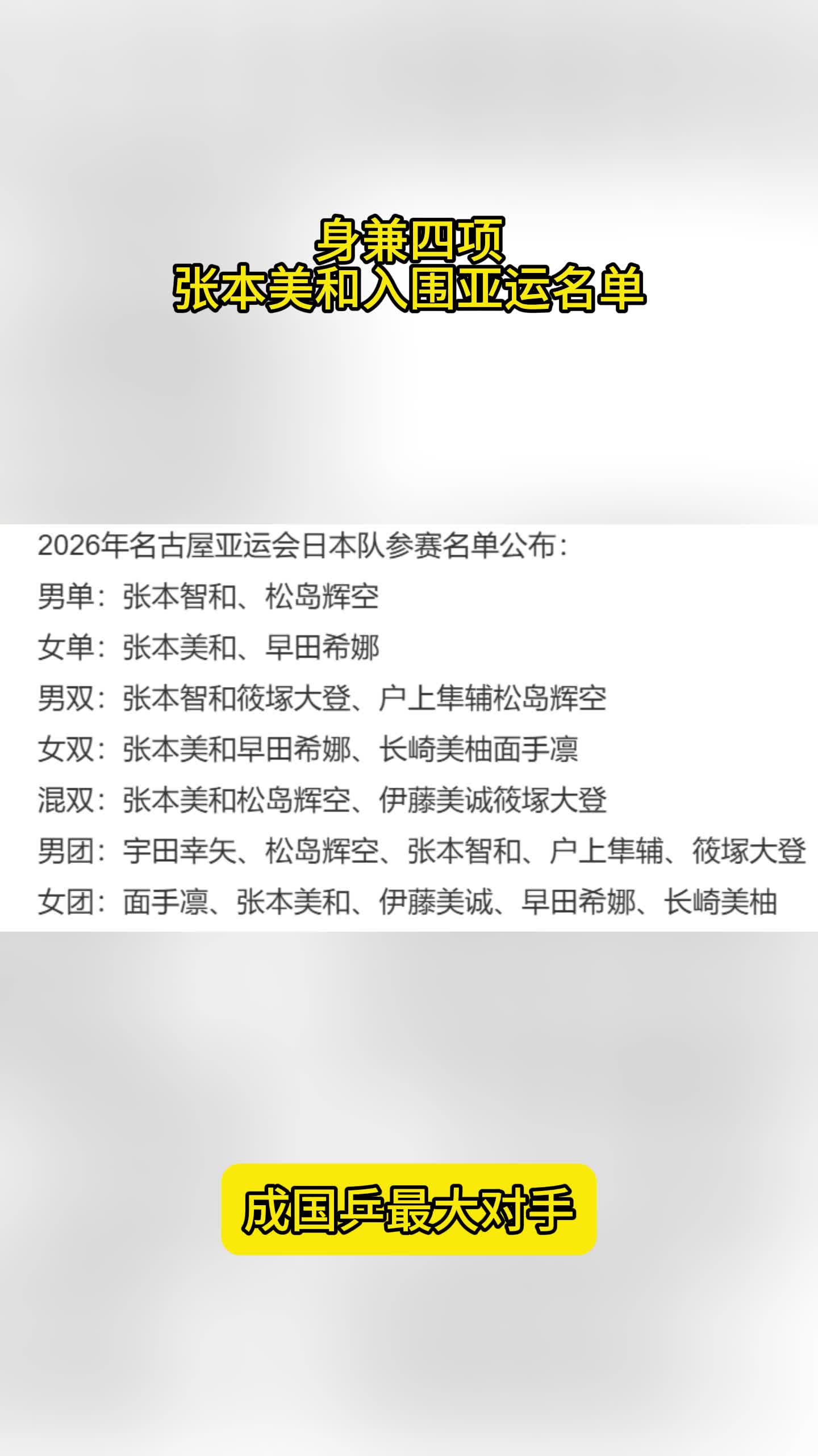 身兼四项！张本美和入围亚运名单，主场作战，国乒最大对手