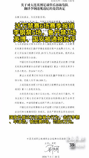 达万禁赛6场赛季报销