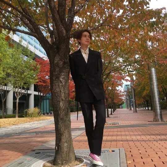 李栋旭秋日户外拍照 穿帆布鞋配西装造型