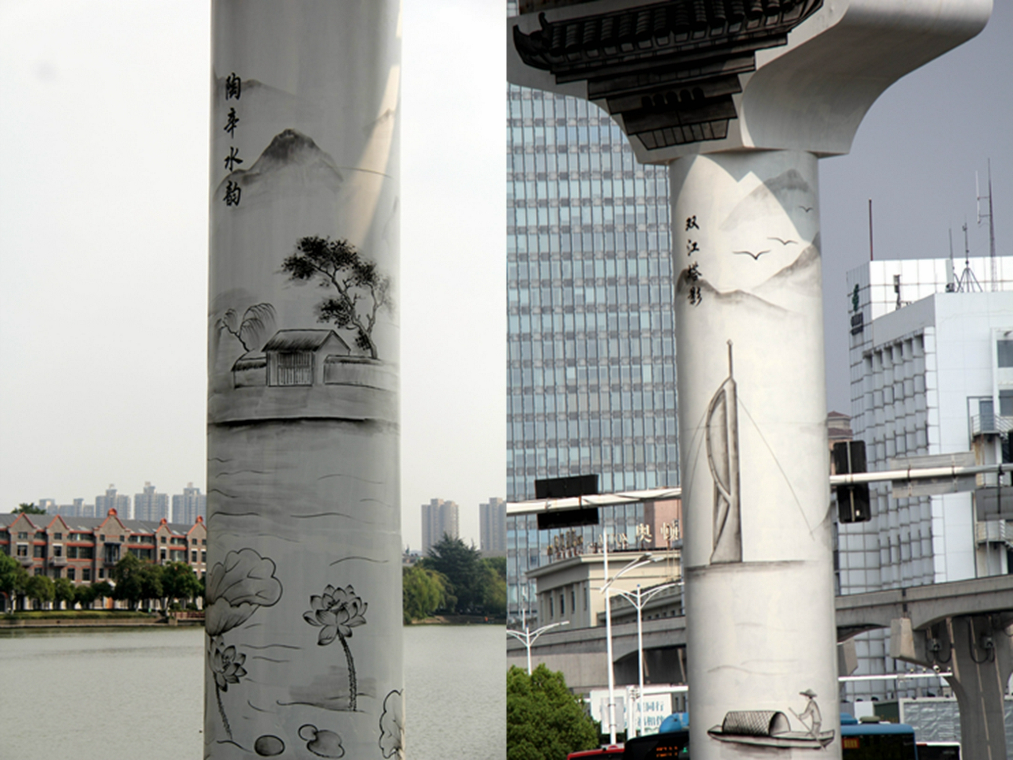 安徽芜湖建了近5年的轻轨马上通车了美丽的风景画在柱子上