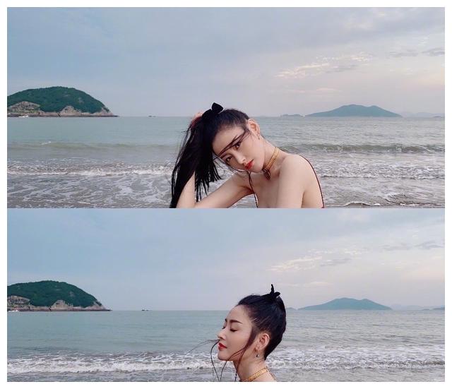 张天爱晒沙滩美照,红色吊带搭配黑色西装,身材曲线凹凸有致