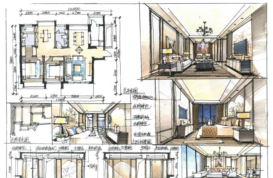 家居空间单身公寓案例手绘设计平立面设计表达