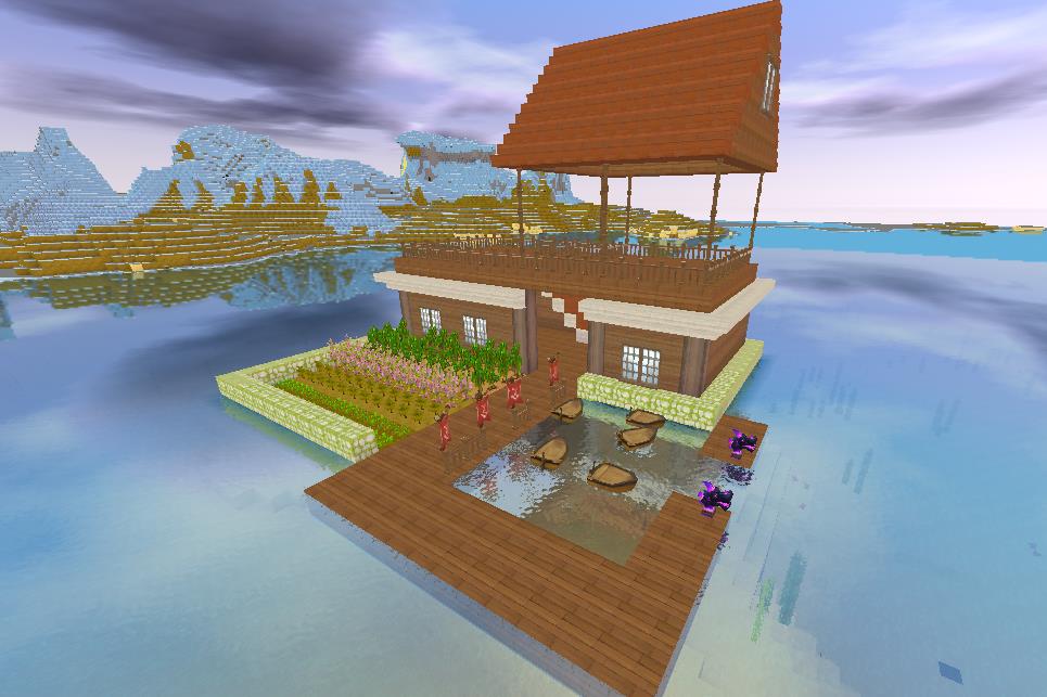 迷你世界大神速建水上花园别墅配备码头5条船随便开