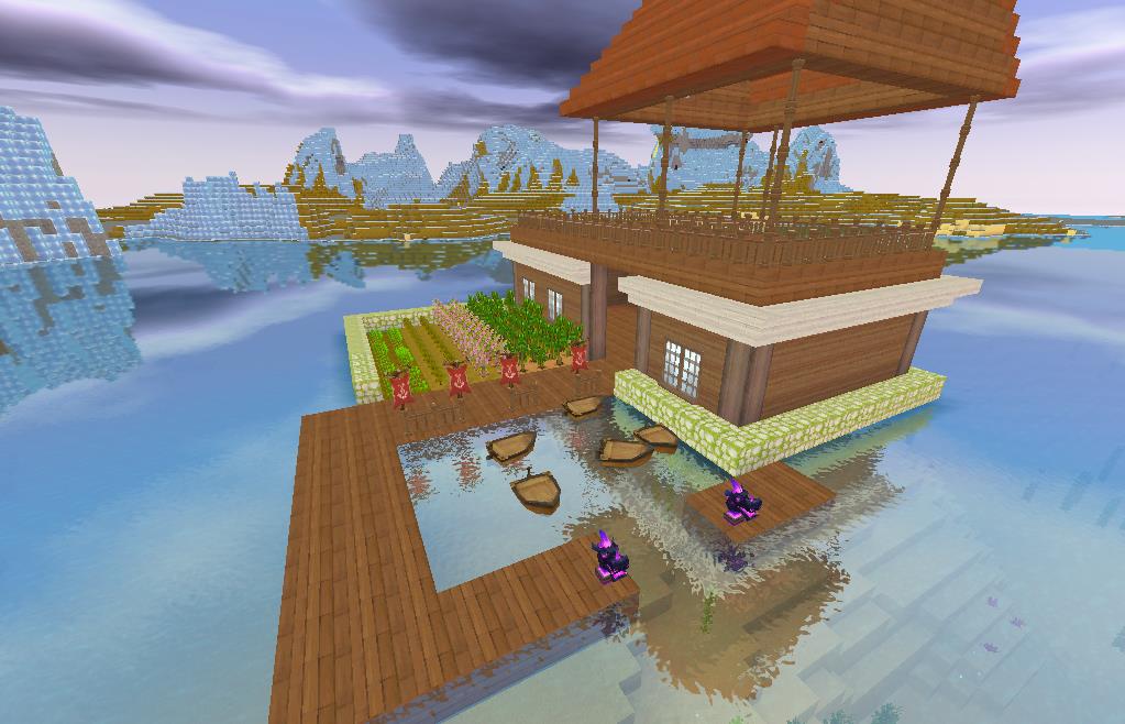 迷你世界大神速建水上花园别墅配备码头5条船随便开