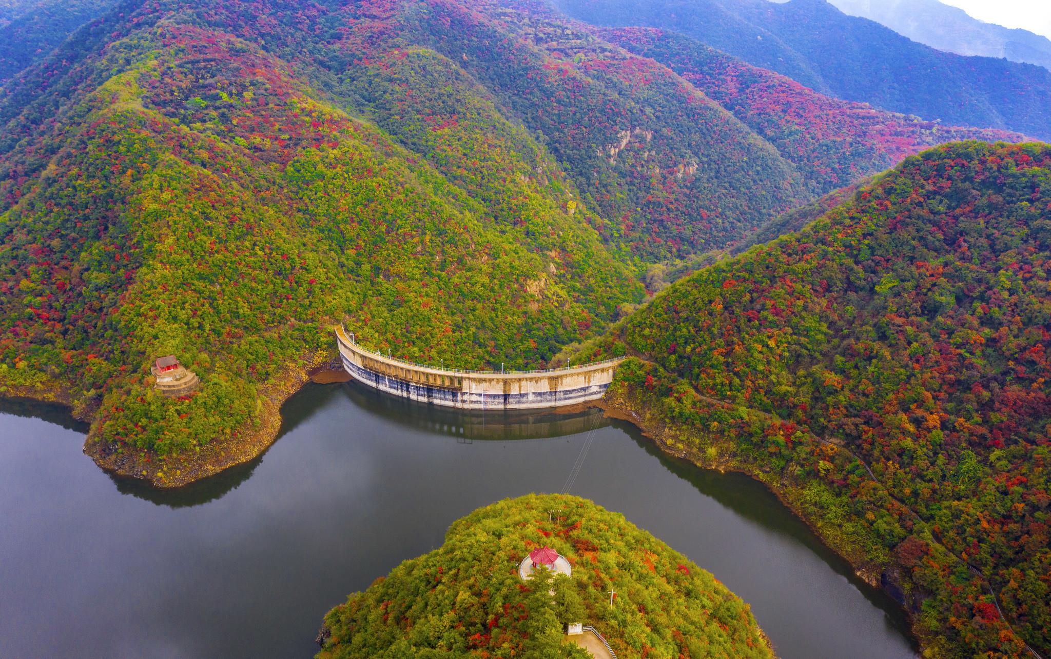 山西平陆县大河庙层林尽染秋季风景美如画