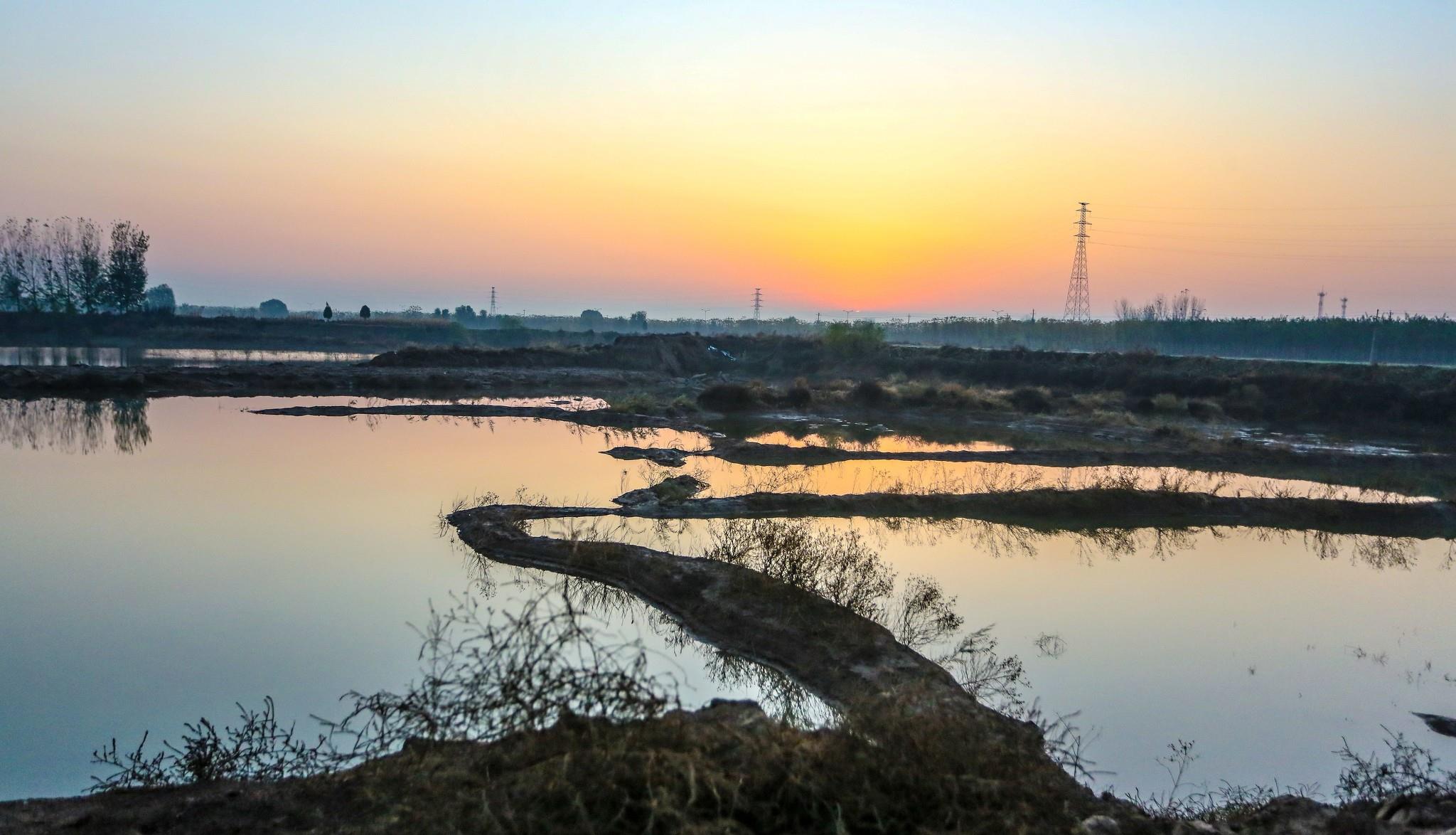河北邯郸:湿地日出如诗如画薄薄晨雾中冉冉升起一轮红日