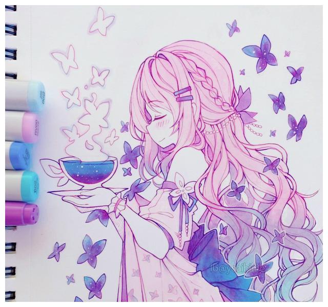 画作欣赏星月一身披的小美女们马克笔画