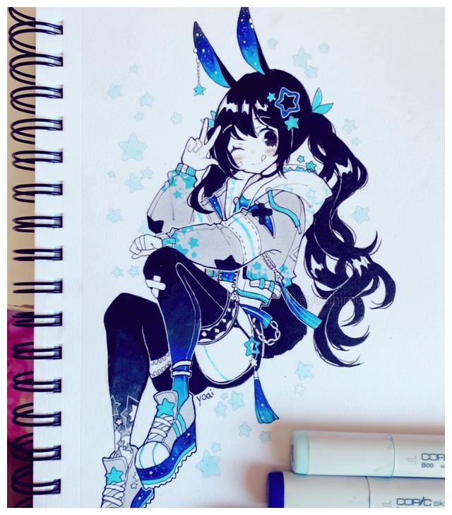 画作欣赏星月一身披的小美女们马克笔画