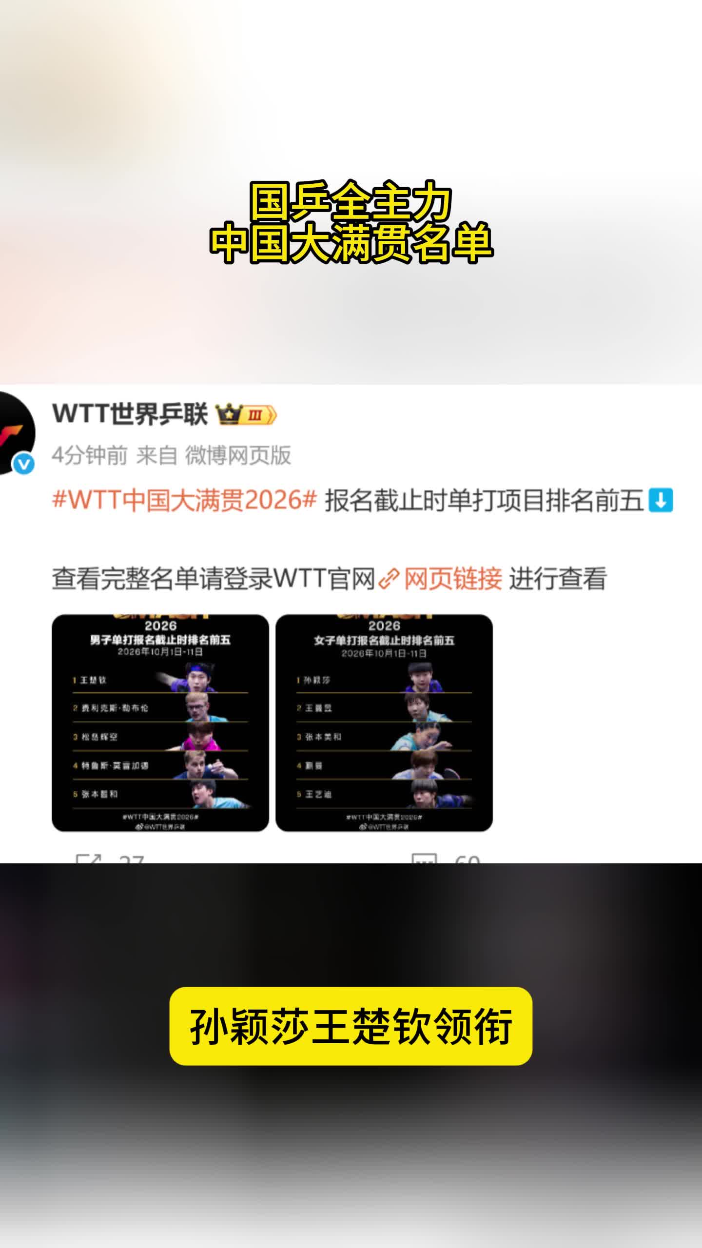 中国大满贯名单！国乒全主力，孙颖莎王楚钦领衔，梁靖崑在列