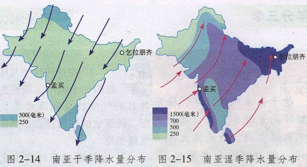 南亚地区干季和湿季降水量分布图