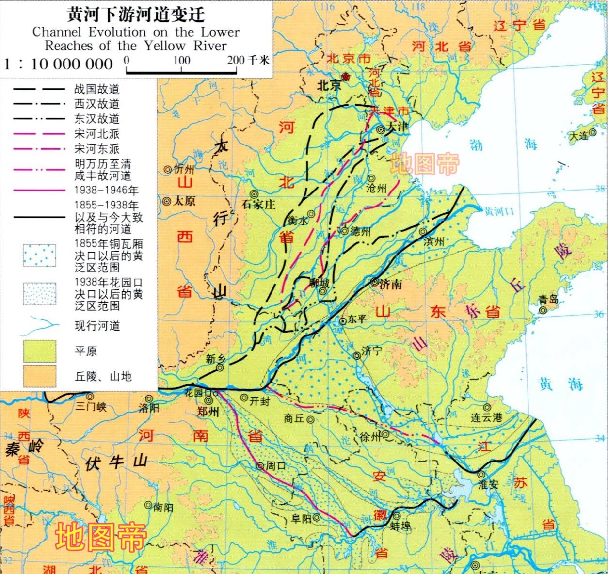 图-黄河下游河道变迁示意图田文镜只好请雍正帝下诏,把上述三县划到