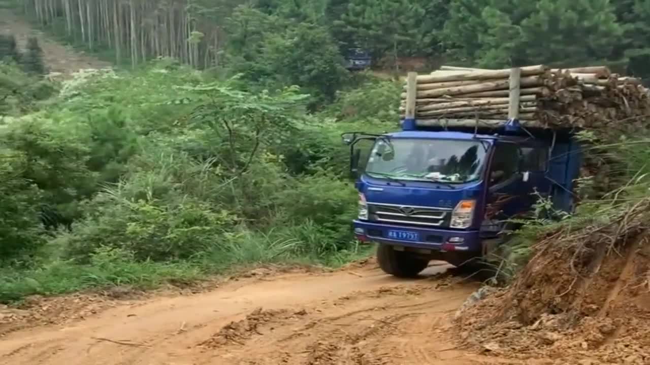 这车可以有劲拉这么多木头爬坡车头都翘起来了