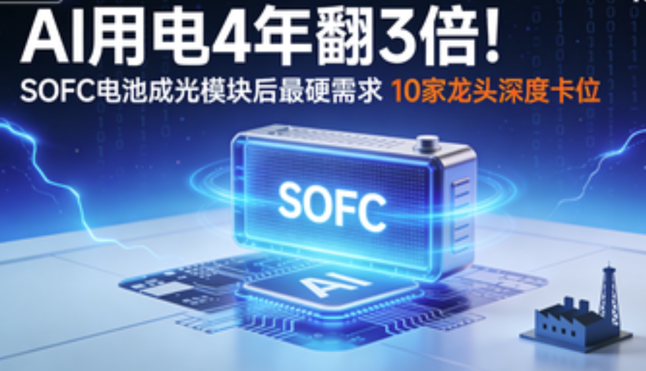 AI用电4年翻3倍！SOFC电池成光模块后最硬需求10家龙头深度卡位