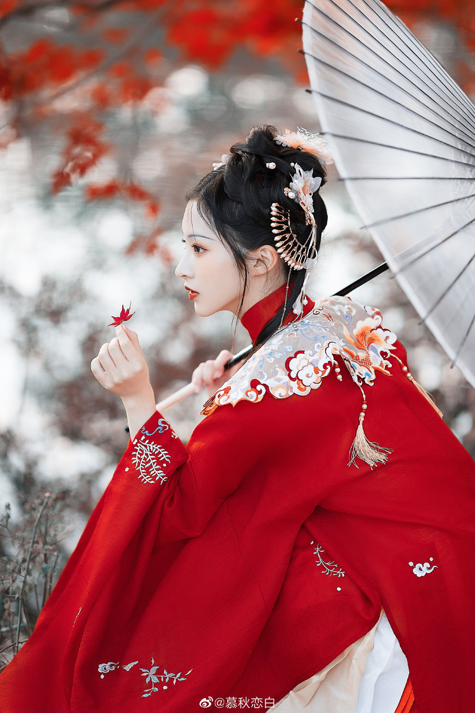 今日摄影分享枫林与落辉女孩红色汉服古风写真